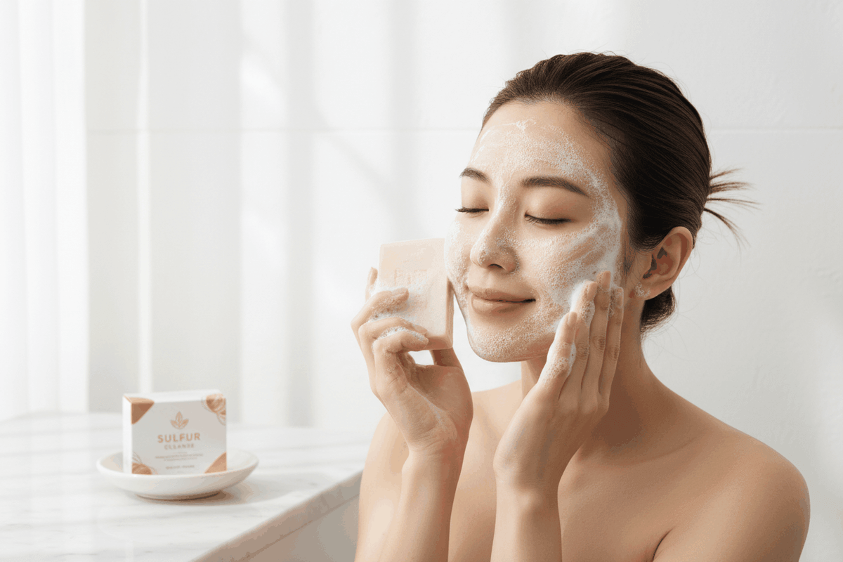 Femme asiatique utilisant le Savon Sulfuré Anti-Acné Helixa