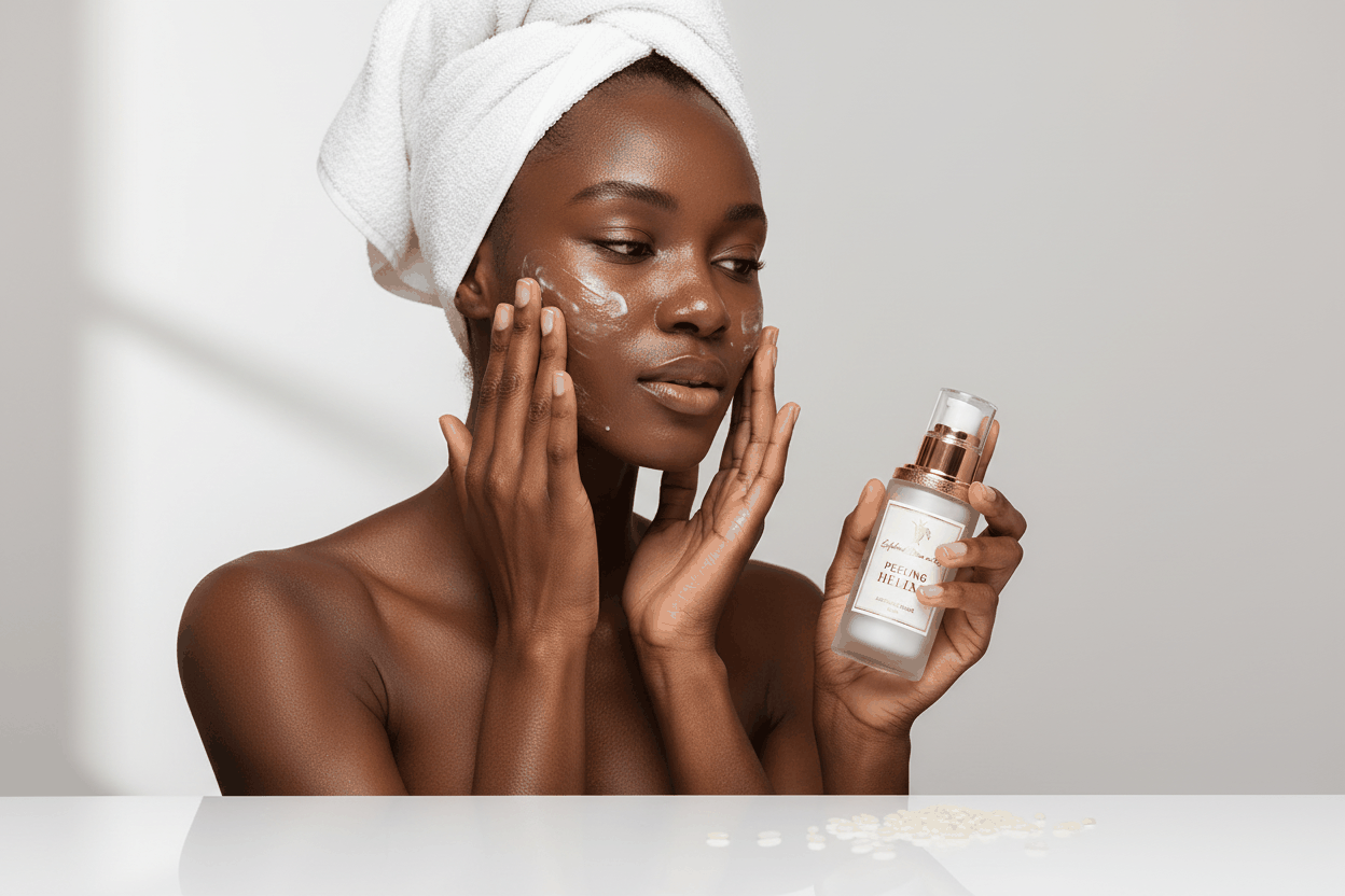 Femme noire utilisant l'Exfoliant Doux au Riz Helixa